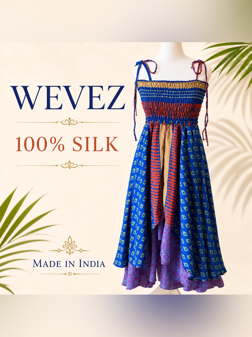 WEVEZ Silk Smocked Midi Dress in Blue and Purple NWT